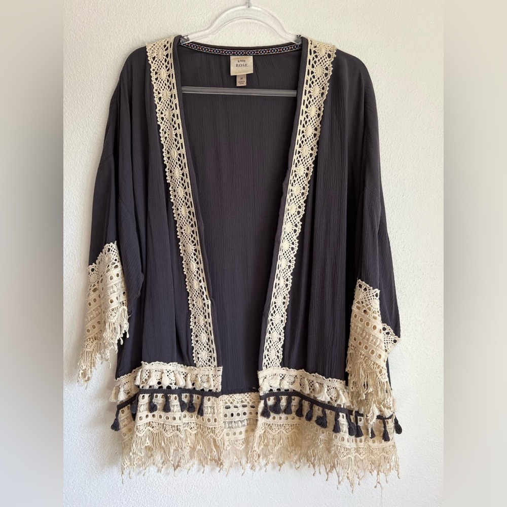 Knox‎ Rose 70s Chic Boho Hippie Open Front Flowy Fringe Gray Cardigan Size M